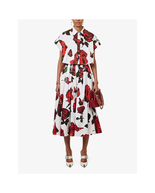 Alexander McQueen Red Floral-pattern Cotton-poplin Midi Skirt