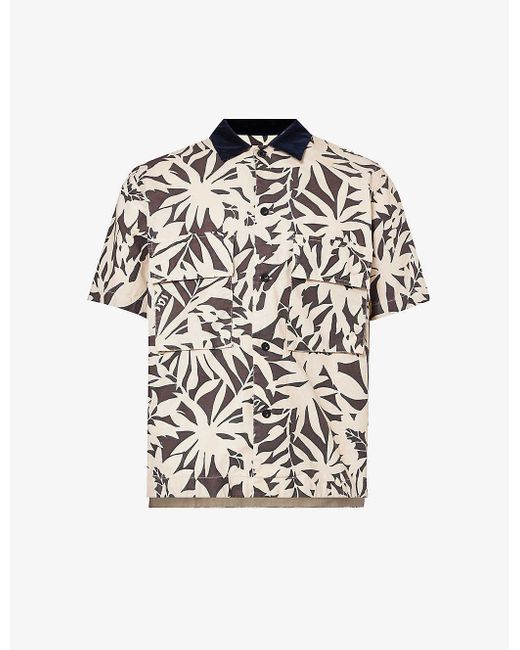 Sacai Multicolor Leaf-print Contrast-collar Cotton Shirt for men