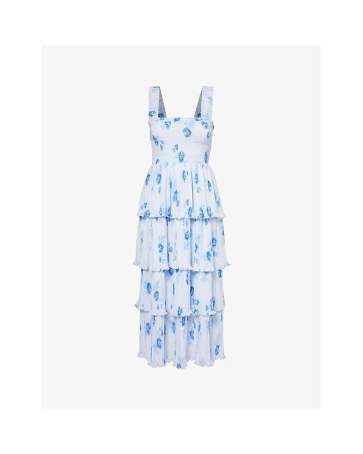 Ganni Blue Floral-print Pleated-skirt Recycled-polyester Midi Dress