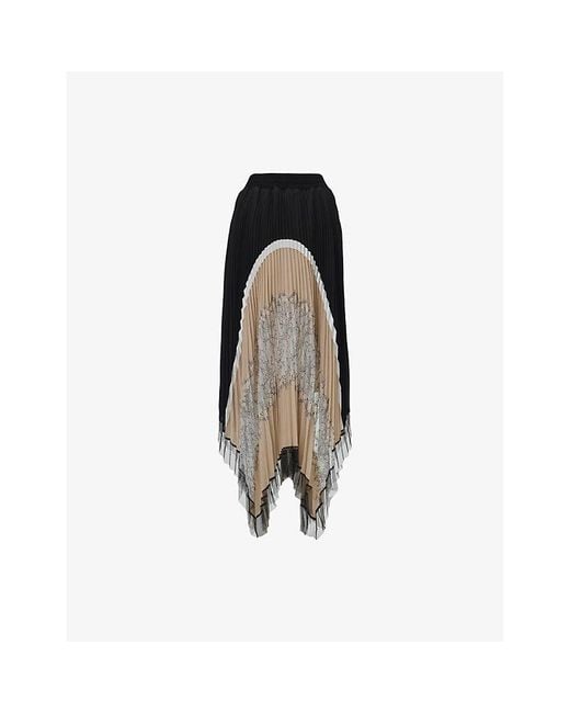 eem Black Lace-Detail Pleated Woven Midi Skirt