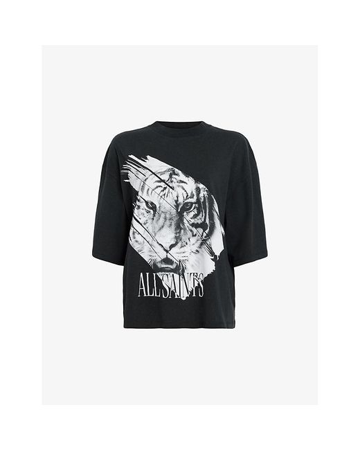 AllSaints Black Amelie Graphic-print Relaxed-fit Cotton T-shirt