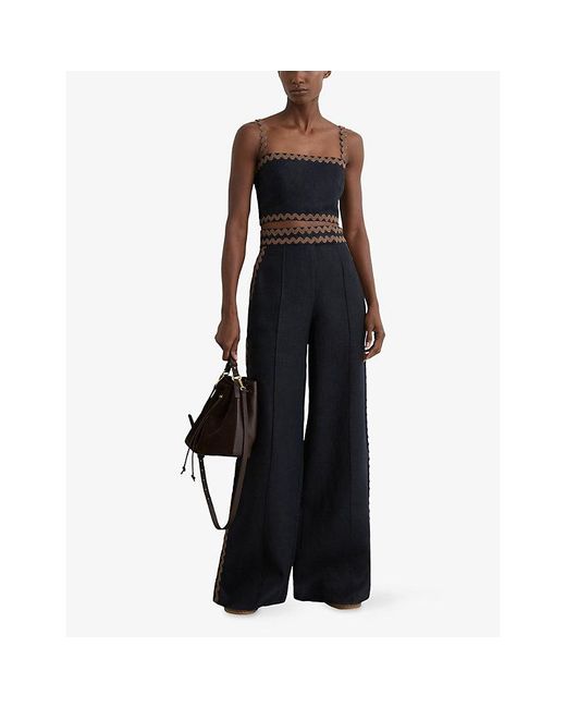 Reiss Blue Mila Wide-Leg High-Rise Linen Trousers