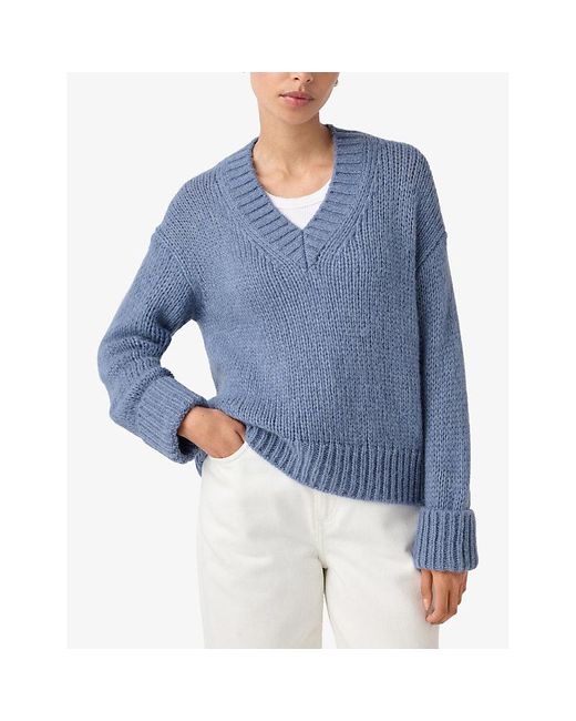 The White Company Blue V-Neck Knitted Wool-Blend Jumper