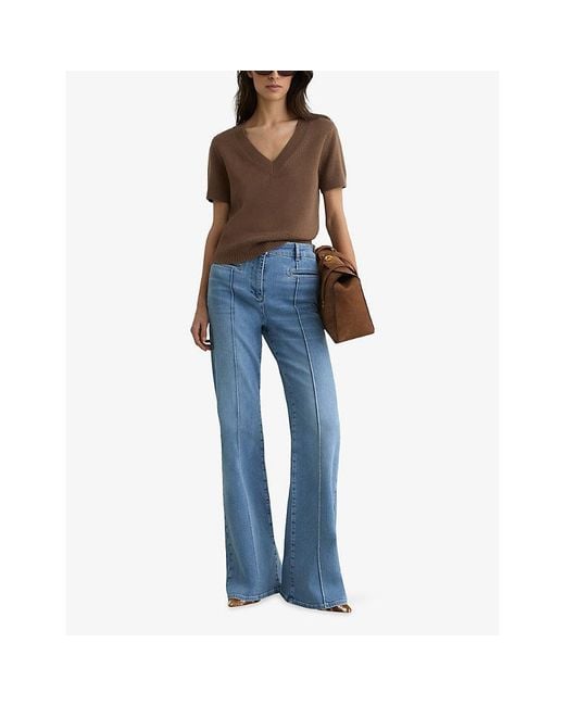 Reiss Brown Valerie V-Neck Cotton And Wool-Blend Knitted Top