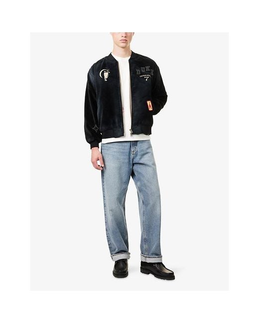 Duke & Dexter Blue Lucky 7 Patchwork Cotton-Velvet Bomber Jacket for men