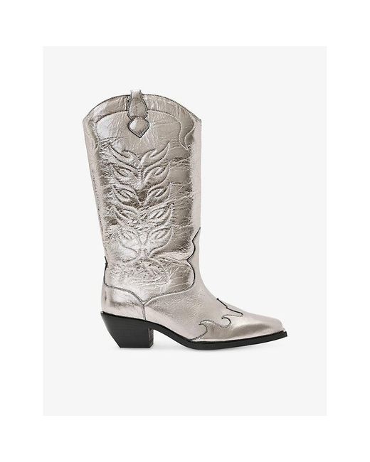 AllSaints Gray Dolly Stitchwork Heeled Leather Western Boots