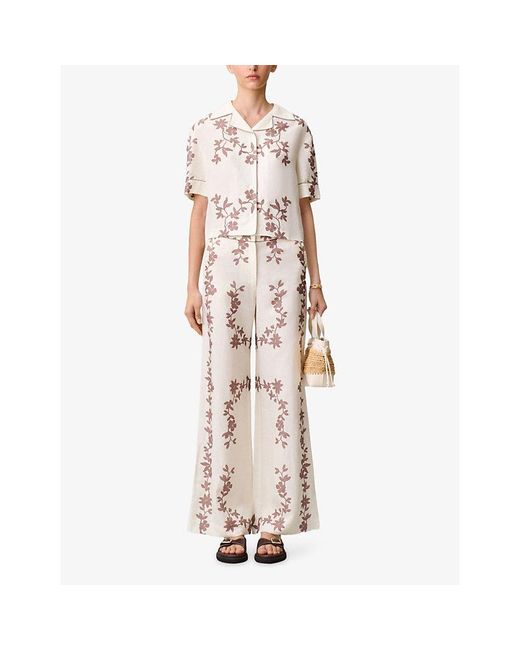 Claudie Pierlot Natural Floral-Print Wide-Leg Woven Trousers