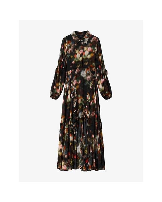 AllSaints Black Maria Floral-Print Woven Midi Dress