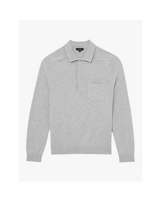 Reiss Gray Clinton Patch-Pocket Long-Sleeve Cotton Polo for men