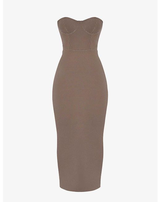 House Of Cb Brown Lucia Corseted Stretch-woven Maxi Dress
