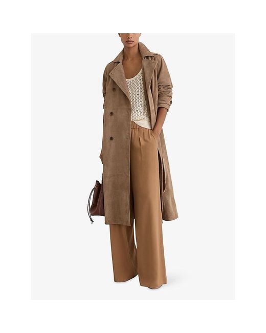 Reiss Brown Ester Double-Breasted Suede Trench Coat