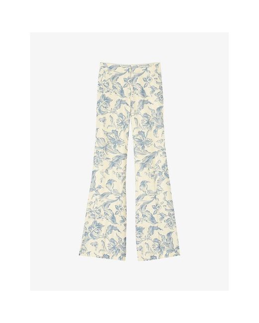 Sandro White Floral-print High-rise Linen-blend Trousers