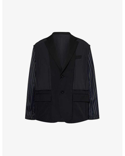Sacai Blue Notched-lapels Contrast-sleeve Relaxed-fit Woven Jacket for men
