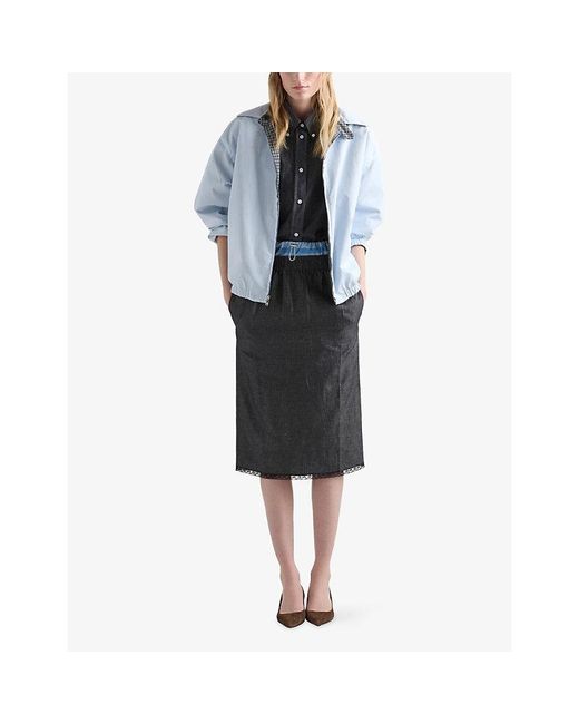 Prada Black Lace-Trim Chambray Cotton And Linen-Blend Midi Skirt