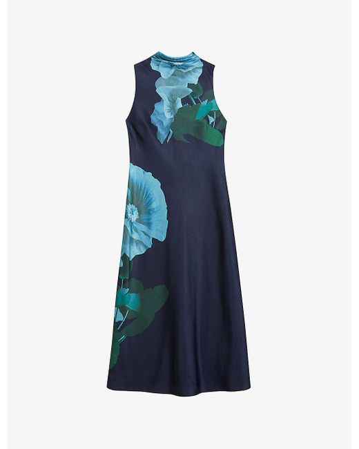 Ted Baker Blue Vy Timava Floral-print Cowl-neck Woven Midi Dress