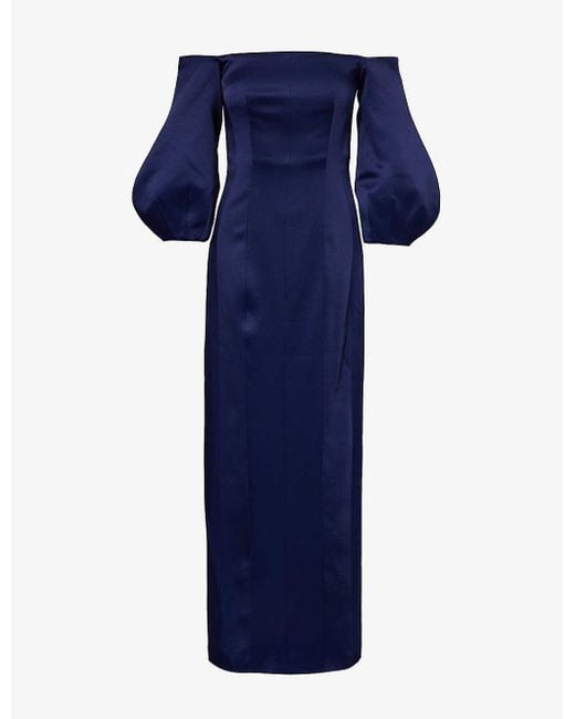 Galvan Blue Ponza Off-the-shoulder Puff-sleeve Woven Midi Dress