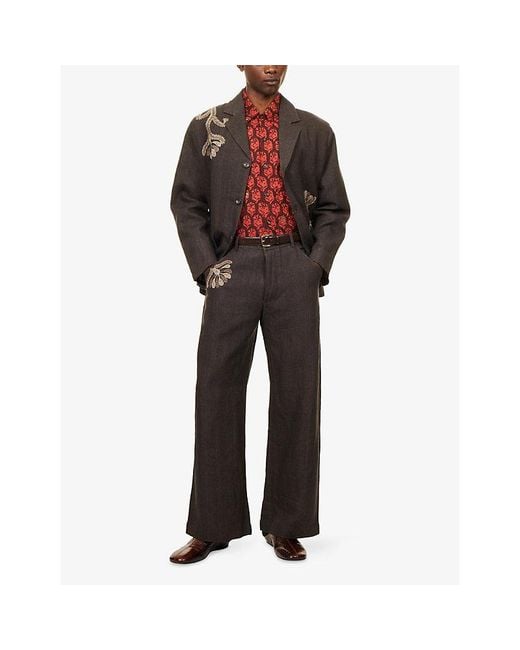 Kartik Research Black Herringbone Embroidered Wide-Leg Linen Trousers for men