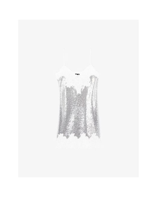 The Kooples White Lace-Trim Sequin-Embellished Babydoll Mini Dress