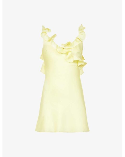 House Of Cb Yellow Tink Flared Ruffle-trim Satin Mini Dress
