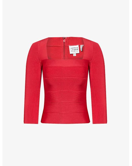Hervé Léger Red Ribbed-knit Slim-fit Stretch-rayon Knitted Top