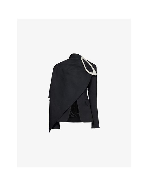 David Koma Black Drape-Detail Jewel-Embellished Single-Breast Wool Blazer