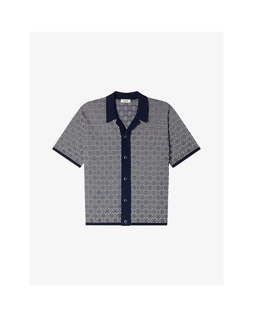 Sandro Gray Grid-Pattern Short-Sleeved Knitted Shirt for men
