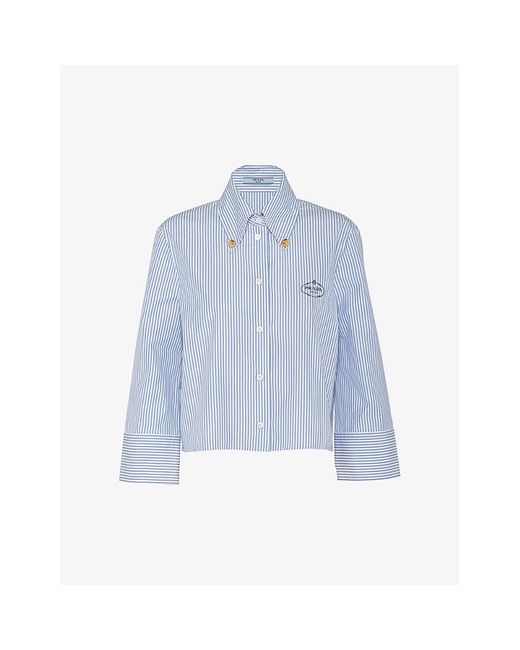 Prada Blue Logo-embroidered Striped Slim-fit Cotton-blend Shirt
