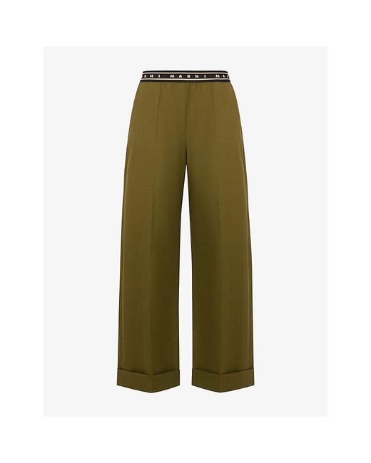 Marni Green Logo-Waistband Straight-Leg Wool Trousers