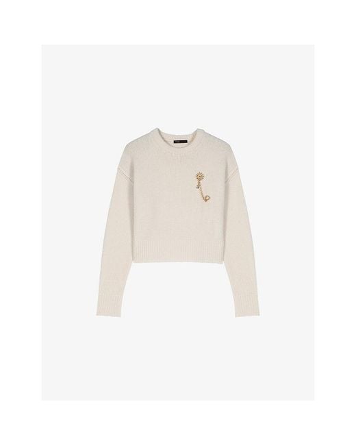 Maje Natural Boxy Floral-Brooch Wool And Cashmere-Blend Jumper