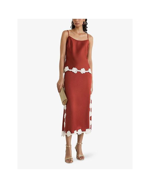 Reiss Red Doa Floral-Lace Satin Midi Skirt