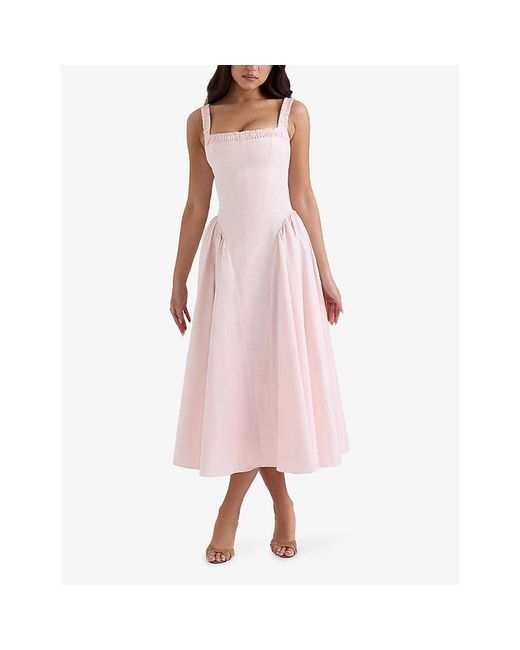 House Of Cb Pink Dorothy Gathered Stretch-Cotton Midi Dress