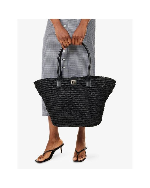 Anine Bing Black Lou Monogram Raffia Tote Bag