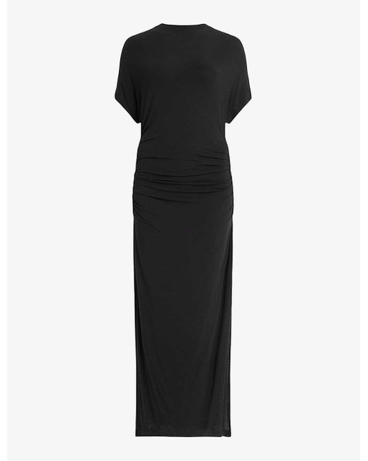 AllSaints Black Natalie Short-sleeve Gathered-side Stretch-jersey Midi Dress