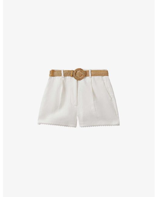Reiss White Belle Raffia-belt High-rise Linen Shorts
