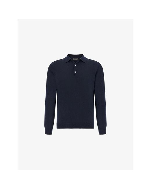 BOGGI Long-Sleeve Knitted Merino-Wool Polo Shirt in Blue for Men