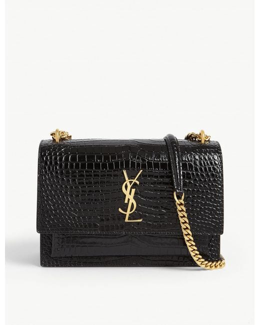 Saint Laurent Medium Sunset Bag, Black Croc Embossed, Gold
