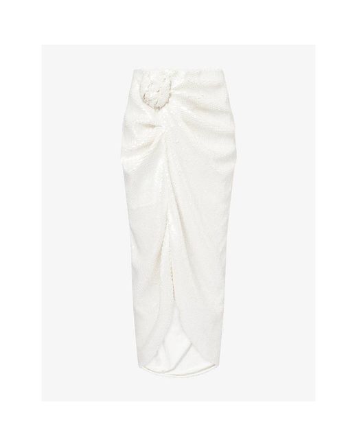 ROTATE BIRGER CHRISTENSEN White Knot-Detail Asymmetric-Hem Sequin-Embellished Midi Skirt