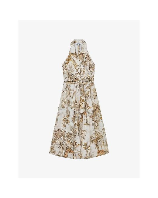 Reiss Natural Carla Palm-Print Linen Midi Dress