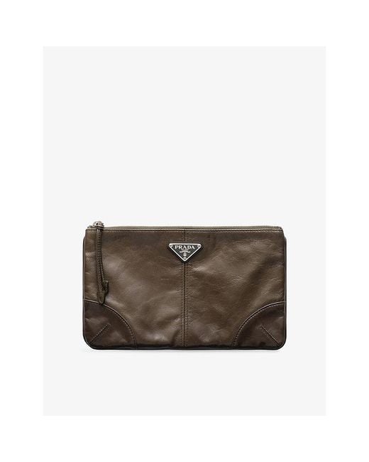 Prada Brown Leather Logo-Embellished Leather Pouch for men