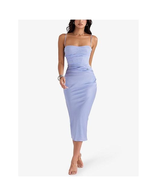 House Of Cb Teia Gathered-Front Satin Midi Dress in Blue Lyst UK