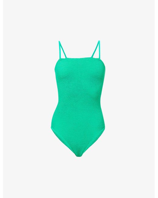 Hunza G Maria Straight-neck Crinkle-textured Swimsuit in Green | Lyst ...