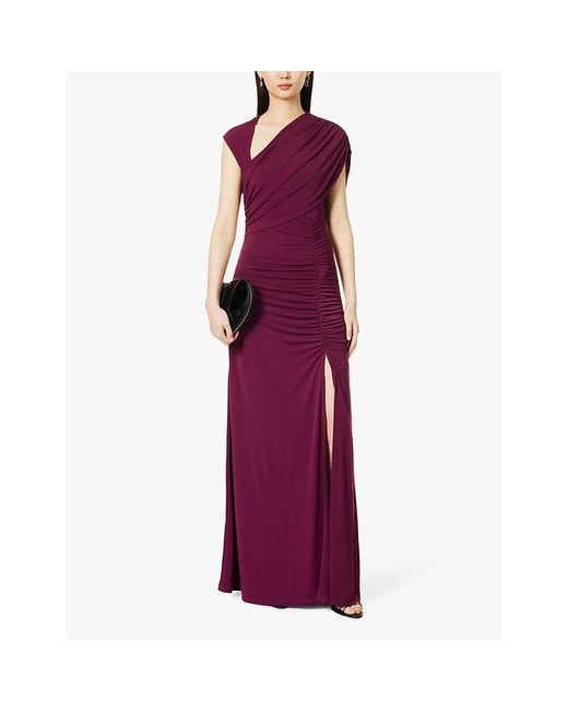 Hervé Léger Purple Ruched Asymmetric Stretch-woven Gown