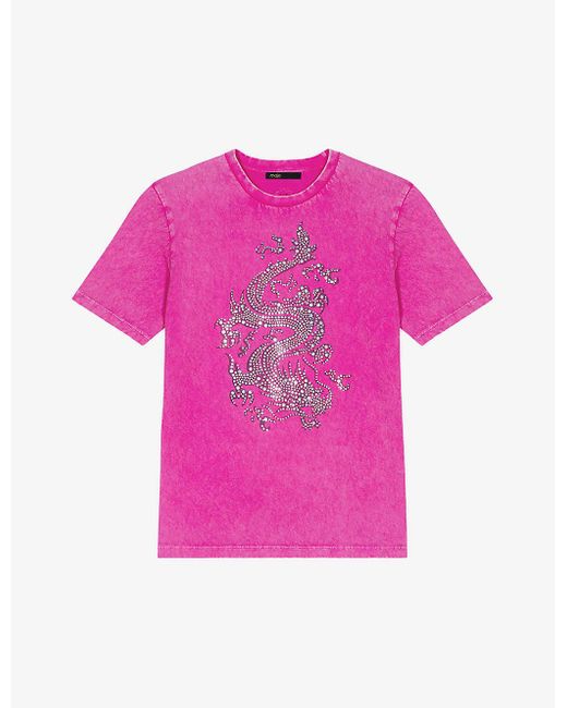 Maje Pink Rhinestone-embroidered Short-sleeve Cotton T-shirt