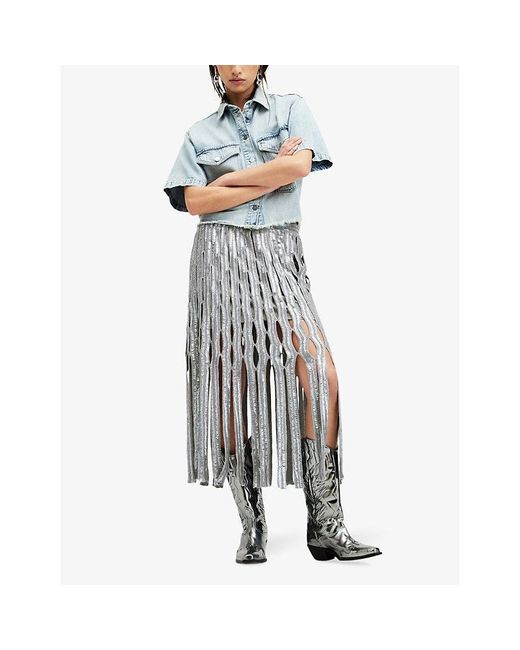 AllSaints Gray Francesca Sequin-embellished Cut-out Organic-cotton Midi Skirt Xx