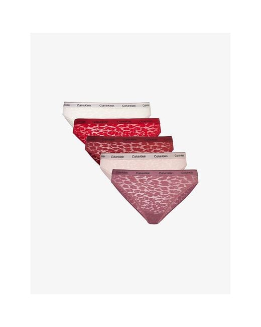 Calvin Klein Red Modern Semi-Sheer Pack Of Five Stretch-Woven Bikini Briefs