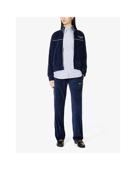 Sporty & Rich Blue Vy Logo-embroidered Elasticated-waist Velour jogging Bottoms X