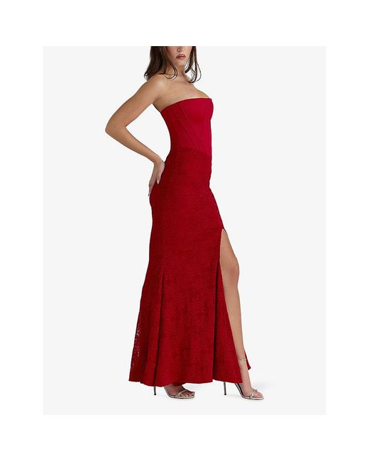 House Of Cb Red Valerie Strapless Satin And Lace Maxi Dress