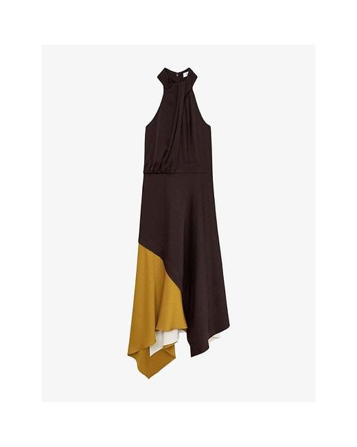 Reiss Brown Bianca Colour-Block Occasion Satin Midi Dress