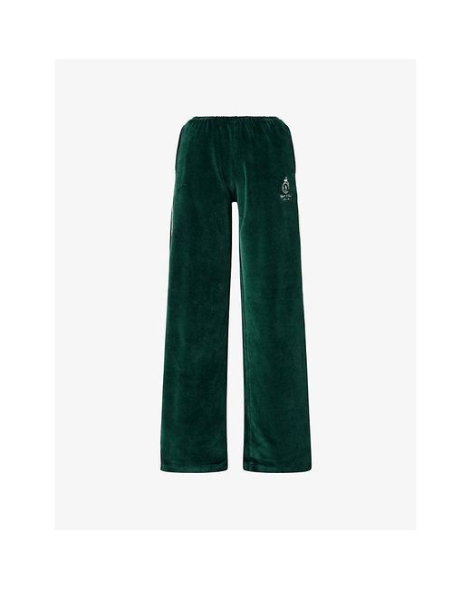 Sporty & Rich Green Embroidered-Logo Wide-Leg Cotton-Velour Jogging Bottoms