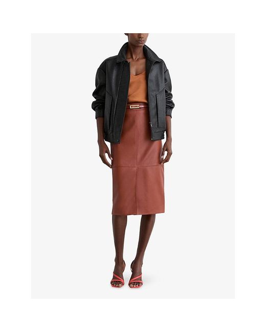 Reiss Brown Miley High-Rise Leather Midi Skirt